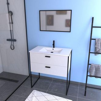 Aurlane Set mobile da bagno - Bianco con piedini stile industriale - 2 cassetti - Lavabo bianco
