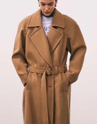 Asos Cappotto in misto lana color biscotto con cintura e spalle pronunciate-Marrone