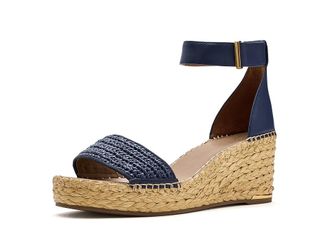Franco Sarto Clemens Raffia Espadrille Wedge Heel Sandals Womens Sandals Navy Blue Raffia : 9.5 M, Faux Leather