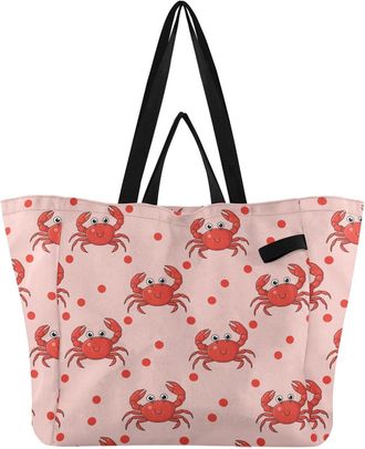 Generic Crab Dots Red pattern Reusable Canvas Tote Bag, Heavy Duty Grocery Shopping Bag with Hard Bottom Double Handles Large Capacity Work Groceries Travel