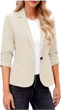 Generic Womens Blazer Suit Elegant 3/4 Ruched Sleeve Jackets with Pockets Business Casual Work Office Blazer Jacket Cardigans Formal Open Front Jacket Top Cla