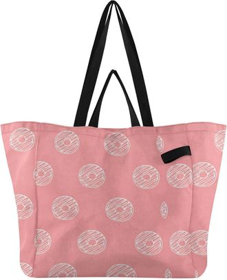 Generic Donuts Dessert Pink print Reusable Canvas Tote Bag, Heavy Duty Grocery Shopping Bag with Hard Bottom Double Handles Large Capacity Work Groceries Trav