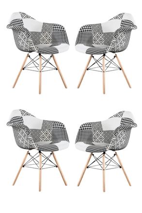 Life Interiors Set of 4 Patchwork Accent Chairs with Wooden Legs & Black Metal Wire Frame