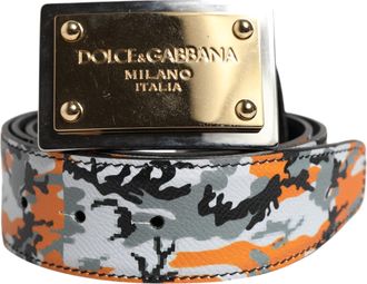 Dolce & Gabbana Mens Multicolor Camouflage Metal Logo Buckle Belt Leather