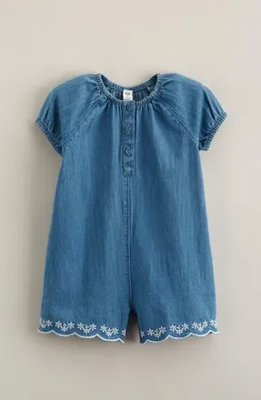 Nordstrom Embroidered Chambray Romper in Mid Gem Wash at Nordstrom, Size 12M