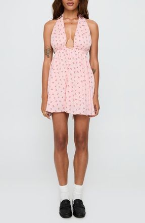 Princess Polly Saddler Floral Plunge Halter Minidress in Pink Floral at Nordstrom, Size 10