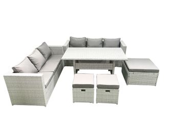 Fimous Rattan Garden Furniture Set 9 Seater Outdoor Sofa Set with Dining Table 3 Footstools Light Grey Mixed