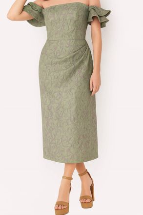 Jovani Off The Shoulder Tea Length Dress In Green