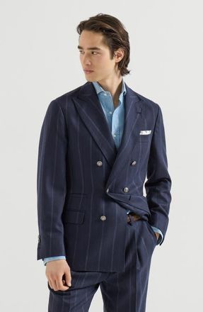 Brunello Cucinelli Cashmere and virgin wool multistripe twill one-and-a-half breasted deconstructed blazer with metal buttons in Navy Blue at