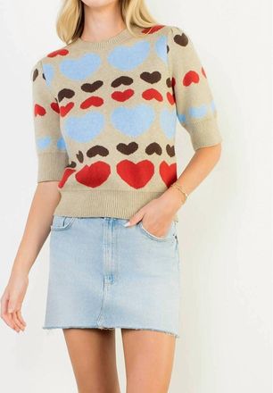 THML Clothing With All My Heart Short Sleeve Heart Knit Top In Beige Multi