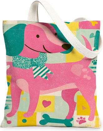 Generic Playful Dog Canvas Tote Bag, Colorful Animal Pattern Reusable Grocery Bags, Summer Fun Lightweight Washable Shoulder Strap, Peach, 13x15 Inch