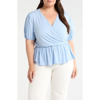 Loveappella Surplice Peplum Top in Sky at Nordstrom, Size 1X