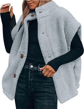 Generic Womens Fuzzy Sherpa Fleece Vest Thickened Plush Gilet Oversized Lightweight Trendy Sleeveless Jacket Vests Warm Button Down Cardigan Stand Collar Gile