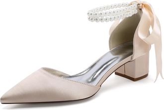 Generic Bridal Shoes Satin Womens Block Heel Wedding Shoes Pointed Toe Prom Party Dress Pumps 4.5Cm,Champagne,10 UK