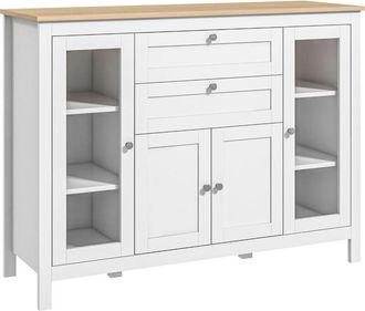 HOMCOM Homcom - Aparador de Cocina con Armario 2 Cajones 2 Puertas de Vidrio y Estantes Ajustables Muebles Auxiliar de Almacenaje para Comedor Salón