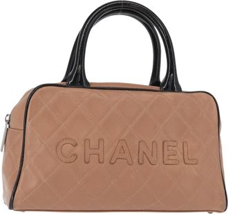 Chanel Embossed Logo Bowler Bag Quilted Caviar Beige Leather Handbag (Pre-Owned)