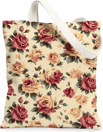 Generic Vintage Floral Canvas Tote Bags, Elegant Rose Pattern Reusable Grocery Bags, Lightweight Washable Shoulder Strap Canvas for, Beige, 13x15 Inch