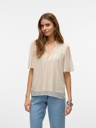 Vero Moda Spitzenbluse VERO MODA VMLEAH SS LACE TOP WVN GA NOOS, Damen, Gr. XS, grau (pumice stone), Web, Obermaterial: 100% Polyester, unifarben, relaxed fit, 
