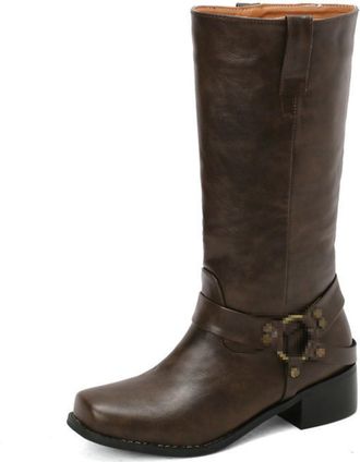 Generic Womens Vintage Mid-Calf Riding Boots, Slip-On with Metal Buckle for Fall-Winter,Dark Brown,1.5 UK