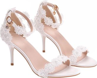 SOLUSTRE White Lace Wedding Heels WomenS Pointed Toe Bridal Sandals with Pearls, Stylish High Heel Shoes for Bride and Wedding Occasion, UK Size 39