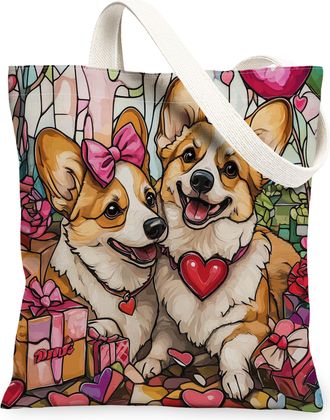 Generic Valentines Day Corgi Dog Canvas Tote Bag for Shopping 13x15, Stained Glass Puppy Reusable Grocery Print Pattern Bag for Women, Couple Beach Aesthetic 