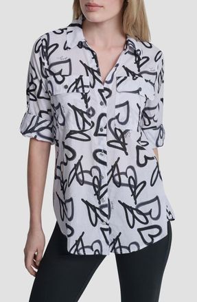 DKNY Printed Roll-Tab Cuff Cotton Button-Up Shirt in Ivory Graffiti Heart at Nordstrom, Size X-Small