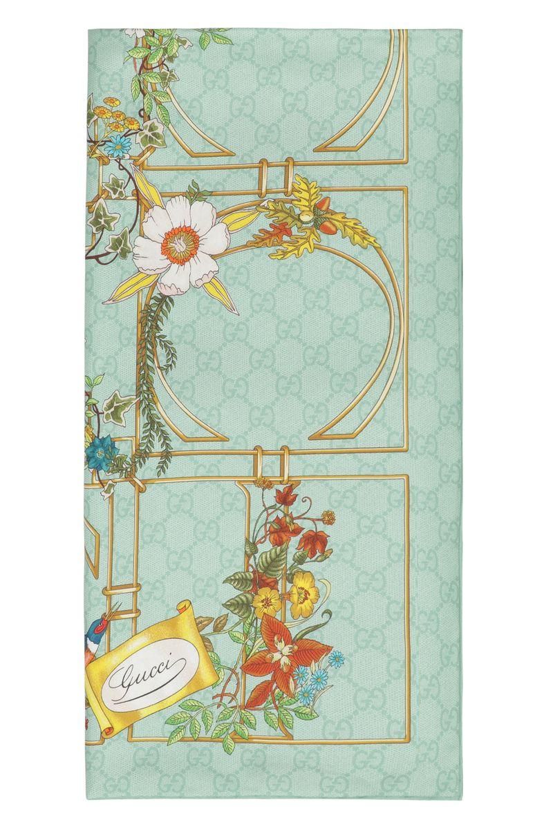 【GUCCI】 PRINTED SILK FOULARD Printed silk twill carré in brown and multicolor | GUCCI® CA