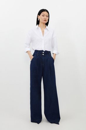 Karen Millen Womens Petite Denim Wide Leg Trousers - Indigo Blue Cotton - Size 14 UK