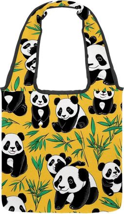 Generic Cute Panda on Yellow Reversible Canvas Shoulder Tote - Double-Sided Print, 12oz Cotton, 27cm Drop, Fold-Flat Bag for Travel, Shopping, Street Outings