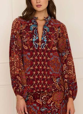 Figue Kit Split V-Neck Collar Top In Red Multi