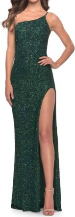 La Femme One Shoulder Sequin With Slit Dress In Emerald