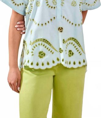 Tribal Embroidered Poplin Short Sleeve Blouse In Light Aqua