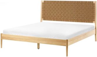 Beliani Cama Minimalista Con Somier De L&aacute;minas Y Cabecero Tapizado 160 X 200 Cm Madera De Pino Marr&oacute;n Claro Brunemont