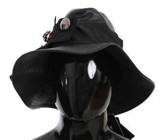 Dolce & Gabbana Womens Black Leather Dg Coin Crystal Wide Brim Hat