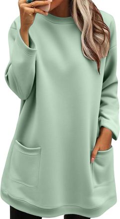 Generic Womens Sweatshirt Casual Longline Crewneck Long Sleeve Pullover Tops with Pockets Ladies Oversized Loungewear(Green, XXL)