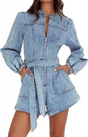 So Me Washed Denim Romper In Blue