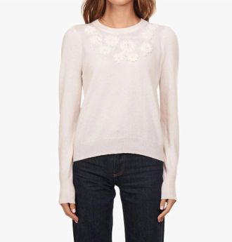 Autumn Cashmere Puff Sleeve Crew With Floral Embroidery In Chalk