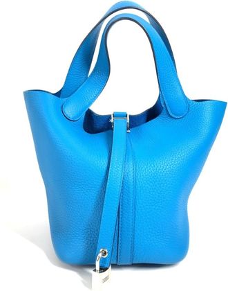 Herm&egrave;s Blue Taurillon Clemence Leather Handbag Tote Bag (Pre-Owned)