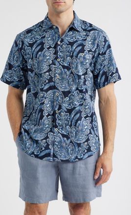 Tommy Bahama Tortola Midnight Blues Short Sleeve Linen Blend Button-Up Shirt in Mood Sea at Nordstrom, Size Xx-Large