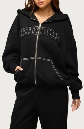 Edikted Forever Logo Appliqu&eacute; Zip Hoodie in Black at Nordstrom, Size X-Large