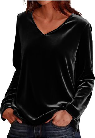 Generic V Neck Tops for Women UK Velvet Blouses Long Sleeve Tops Velour Shirt Eleagnt V Neck Jumpers Ladies Dressy Casaul Blouses Baggy Tunic T Shirts Trendy 