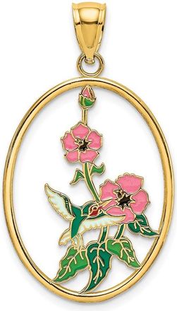 Diamond2Deal 14k Yellow Gold Enamel Hummingbird Flowers In Oval Frame Charm