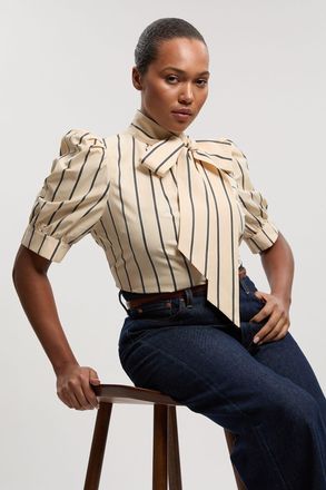 Karen Millen Womens Plus Size Mono Stripe Cotton Poplin Pussy Bow Puff Sleeve Woven Blouse - Multicolour - Size 18 UK