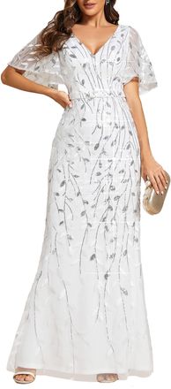 Ever-pretty Womens Elegant Mermaid Ruffle Sleeve V Neck Shiny Maxi Bridesmaid Dresses White 12UK