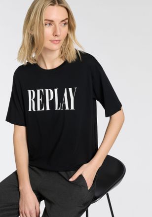 Replay T-Shirt REPLAY, Damen, Gr. XL, schwarz, Single Jersey, Obermaterial: 100% Baumwolle, bedruckt, unifarben, regular fit normal, Rundhals, abgesteppte Ka