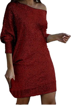 Generic Sparkly Dresses for Women UK Long Sleeve Elegant-Cocktail Dress for Women Off Shoulder Evening Women Dresses Party Sequin Dress Plus Size White Dress 