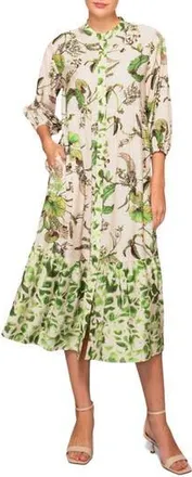 Melloday Mixed Media Midi Shirtdress in Ivory Green Print at Nordstrom Rack, Size X-Small