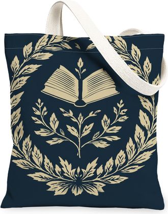 Generic Vintage Floral Canvas Tote Bags, Elegant Book and Leaf Pattern Reusable Grocery Bags, Lightweight Washable Shoulder Strap C, Navy, 13x15 Inch