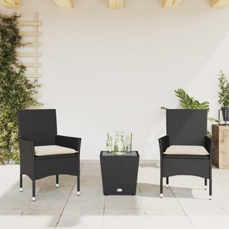 vidaXL Mesita Y Sillas Con Cojines 3 Pzas Rat&aacute;n Sint&eacute;tico Vidrio Negro Vidaxl
