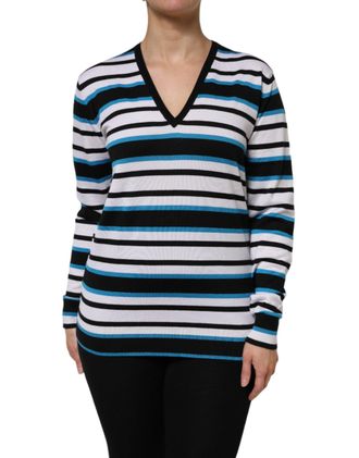 Dolce & Gabbana Womens Multicolor Stripes Long Sleeves V-Neck Top Cashmere Silk